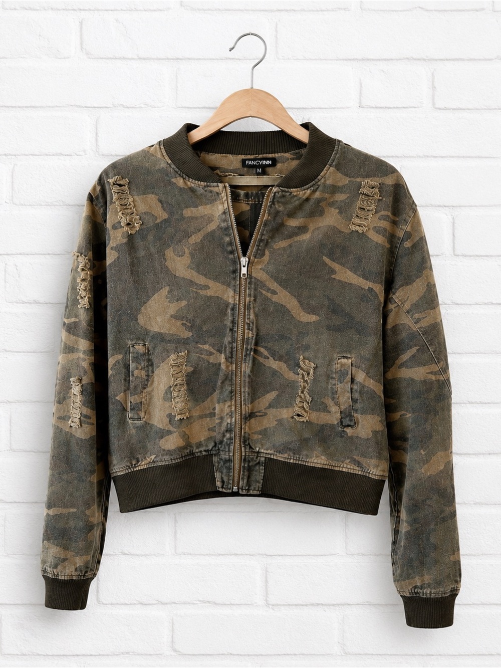 Cropped Distressed Camo Bomber Jacket - Olive Green Streetwear 100% Cotton